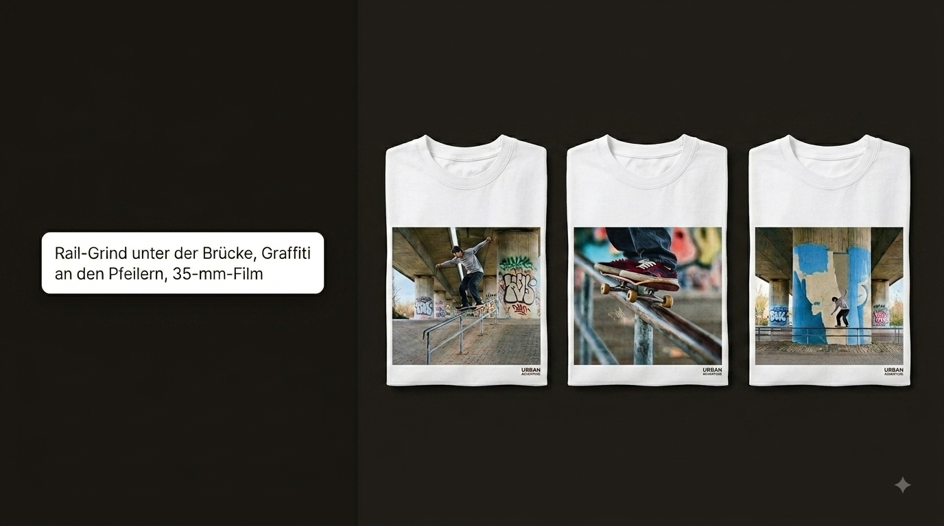 Links das getippte Briefing „Rail-Grind unter der Brücke, Graffiti an den Pfeilern, 35-mm-Film“, rechts zwei fertige Shirts daraus