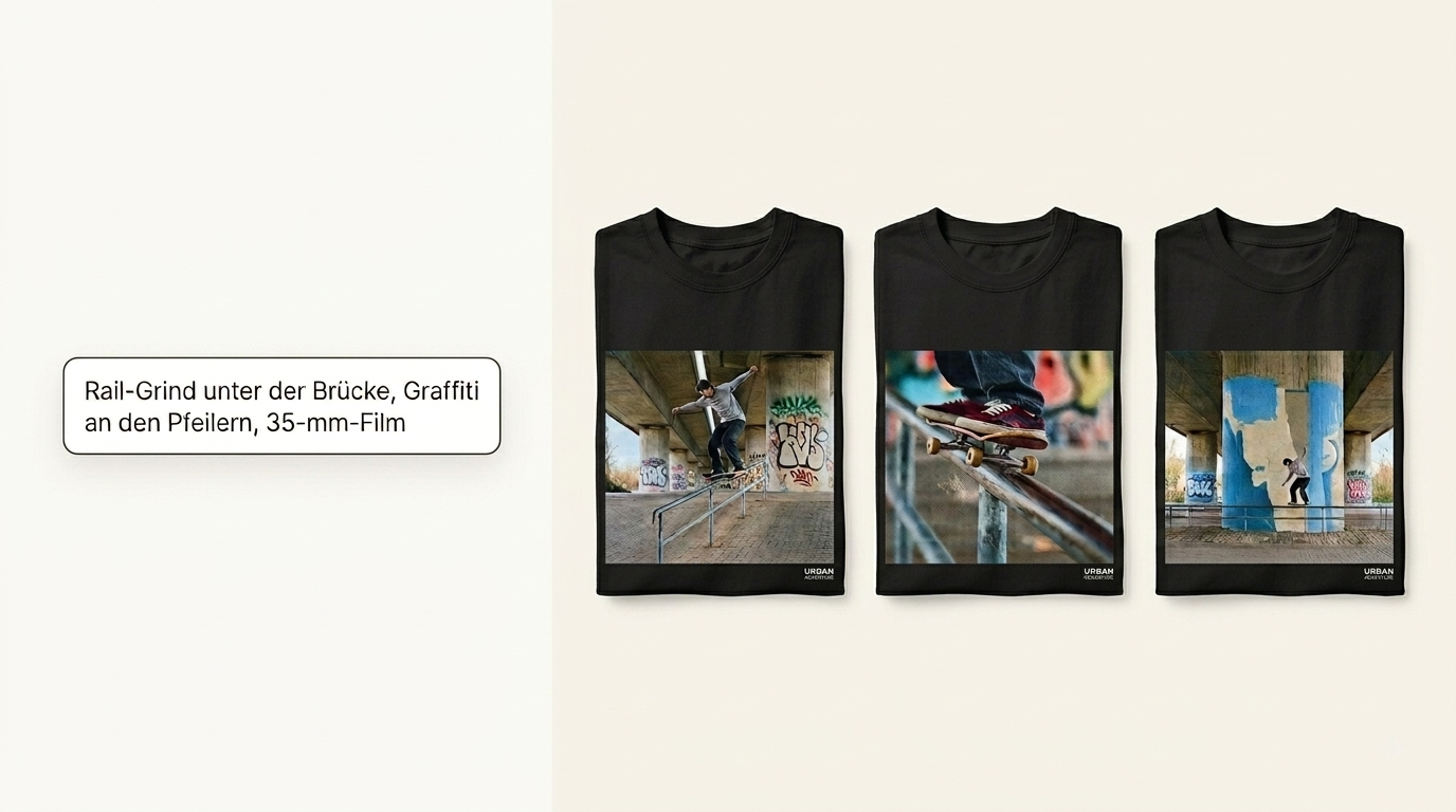 Links das getippte Briefing „Rail-Grind unter der Brücke, Graffiti an den Pfeilern, 35-mm-Film“, rechts zwei fertige Shirts daraus