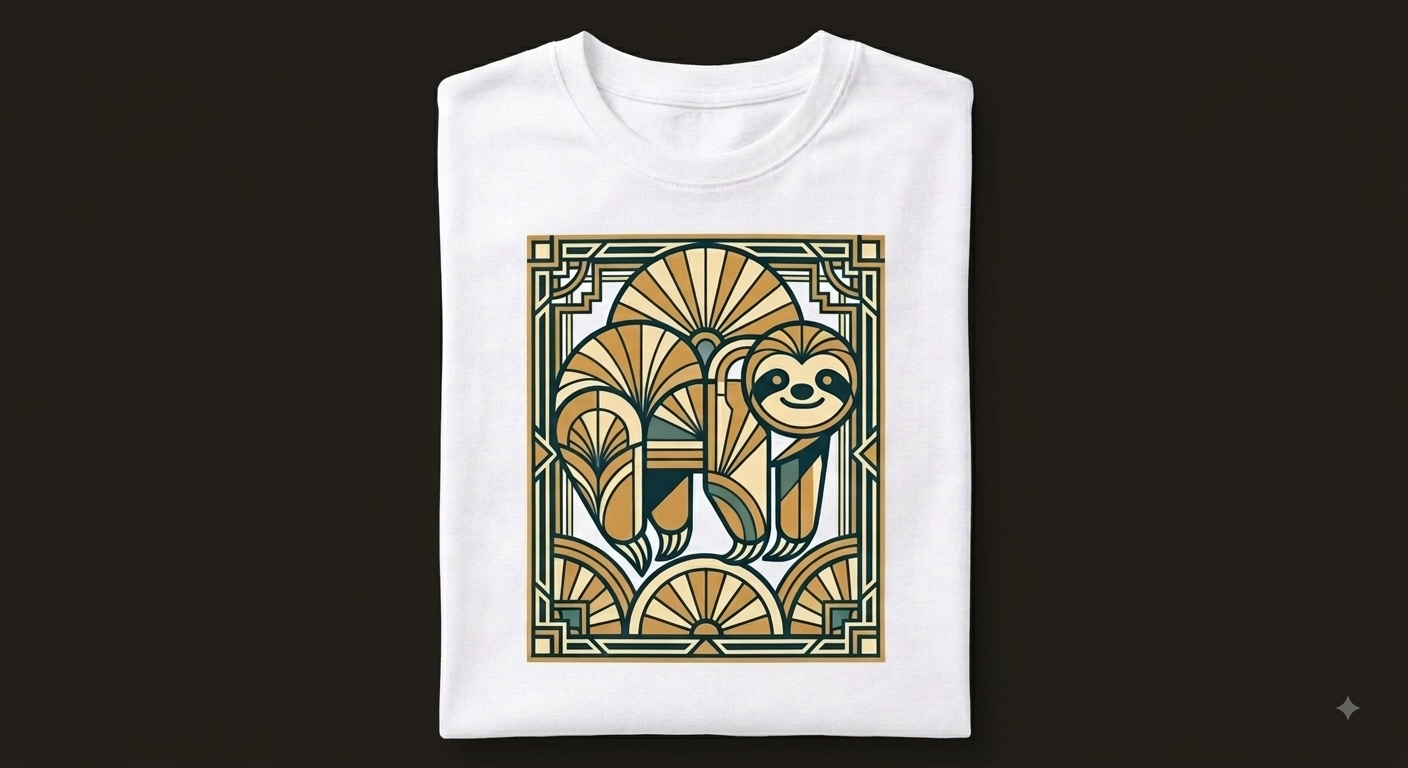 T-Shirt mit einem Faultier im geometrischen Art-déco-Stil, Fächerformen in Ocker, Creme und Petrol in einem Zierrahmen