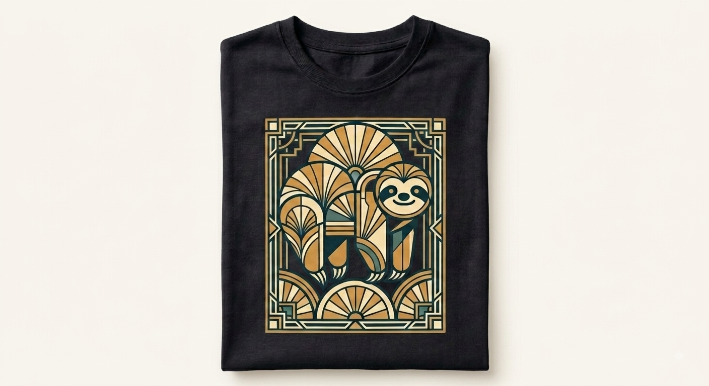 T-Shirt mit einem Faultier im geometrischen Art-déco-Stil, Fächerformen in Ocker, Creme und Petrol in einem Zierrahmen