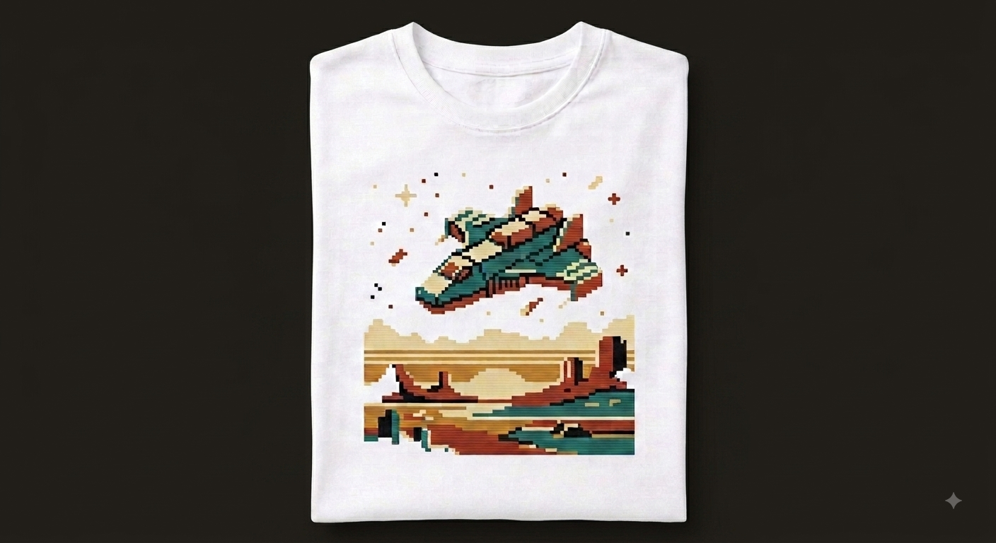 T-Shirt mit einer 8-Bit-Pixelgrafik: ein Raumschiff über einer Canyonlandschaft unter Sternenhimmel
