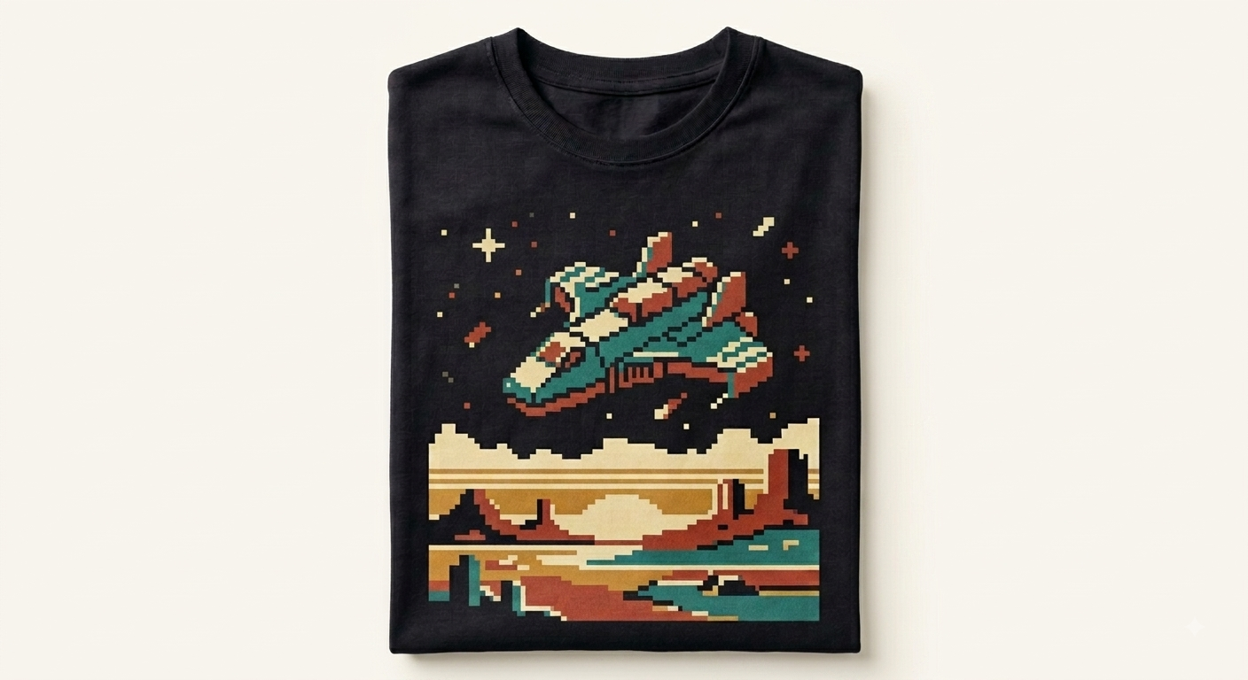 T-Shirt mit einer 8-Bit-Pixelgrafik: ein Raumschiff über einer Canyonlandschaft unter Sternenhimmel