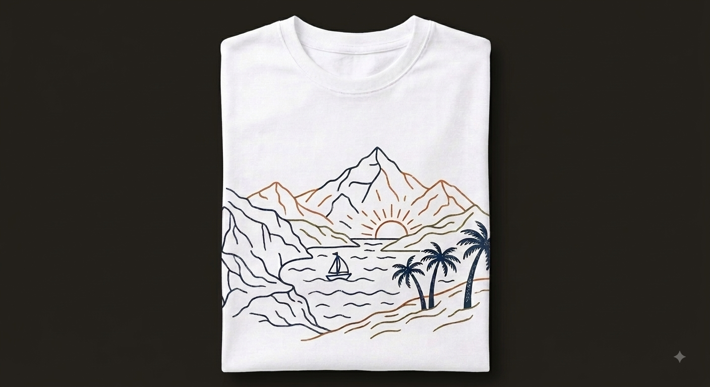 T-Shirt mit einer feinen Linienzeichnung: Bergkette mit aufgehender Sonne, Segelboot auf dem Meer und Palmen