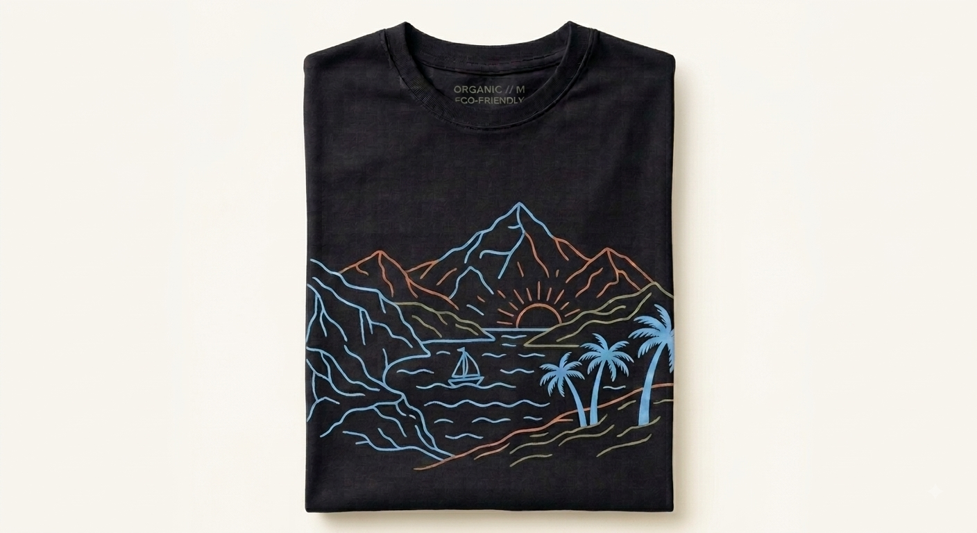 T-Shirt mit einer feinen Linienzeichnung: Bergkette mit aufgehender Sonne, Segelboot auf dem Meer und Palmen